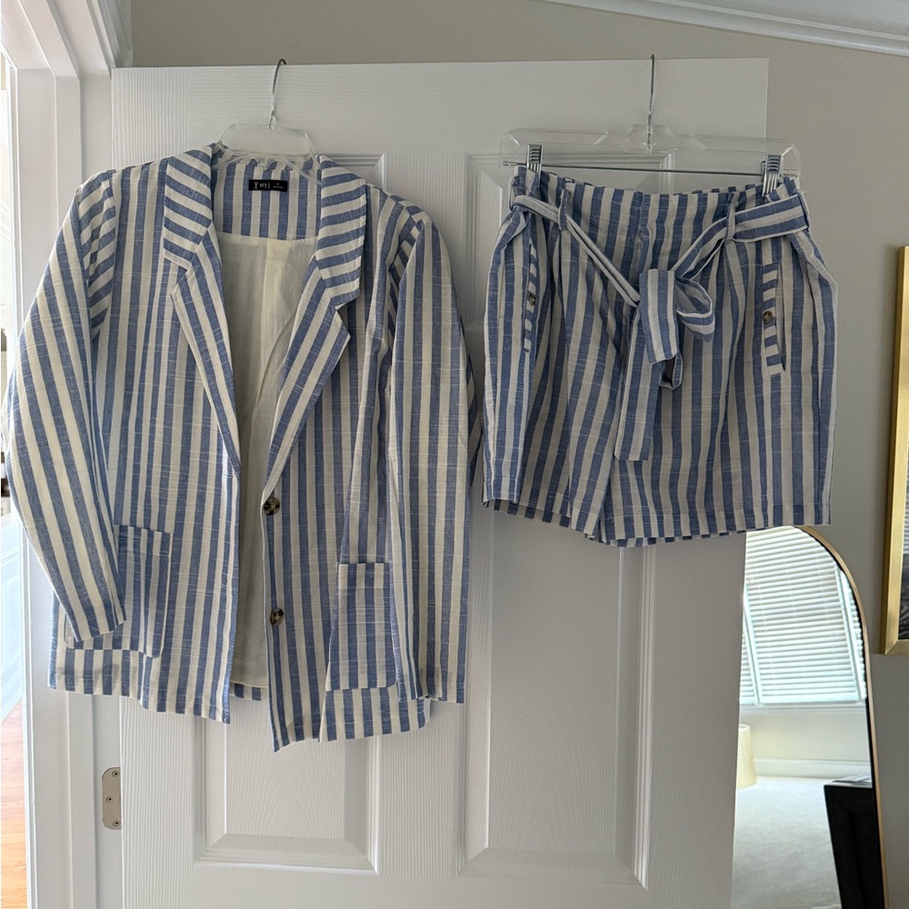 Blue and White Striped Blazer and Shorts Set